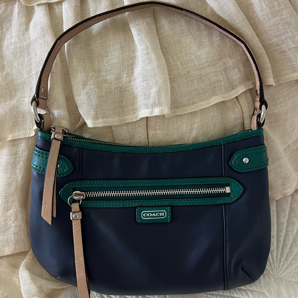 Coach Navy Blue and Green Leather Daisy Spectator Shoulder Bag